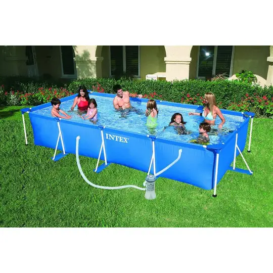 Intex Rectangular Frame Pool With Pump (2.2X1.5X64 Cm) | Made from puncture resistant material | Big enough for lots of people | Has four corner seats for relaxation | Comes with an assembling manual