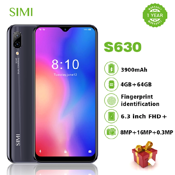 SIMI 4G SmartPhone S630  4GB+64GB  6.3' Screen  Battery3900mAh   8MP+Dual Back Camera16MP+0.3MP  MTK Octa 2.0GHZ support Fingerprint identification, GPS, G-sensor,Light-sensor Tamish(Grey)