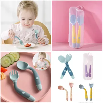 2PCS Silicone Spoon for Baby Utensils Set Auxiliary Food Toddler Learn To  Eat Training Bendable Soft Fork Infant Children Tableware