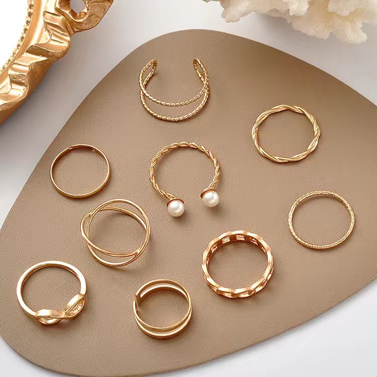 UPHUI 9-piece ring set Bohemian style inlaid pearl joint ring 8-character geometric hollow design combination ring set daily wear festival set