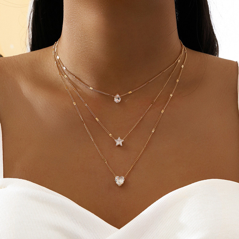 UPHUI Necklace Explosive Zircon Pendant Necklace Women Pentagram Love Heart-shaped Water Drop Pendant Creative Simple Fashion Three Layers A Total of Three Necklaces Clavicle Chain Gifts Daily Wear as the picture shows