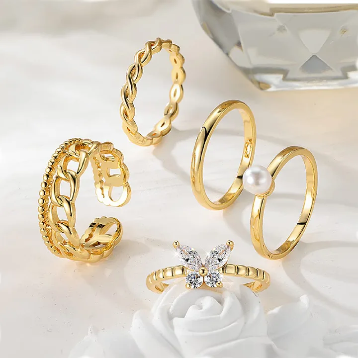 UPHUI 5Pcs Ladies' Ring Set Open Ring Pearl Ring Butterfly Rings High Quality Zircon Statement Simple Light Luxury Open Finger Rings for Women and Girls