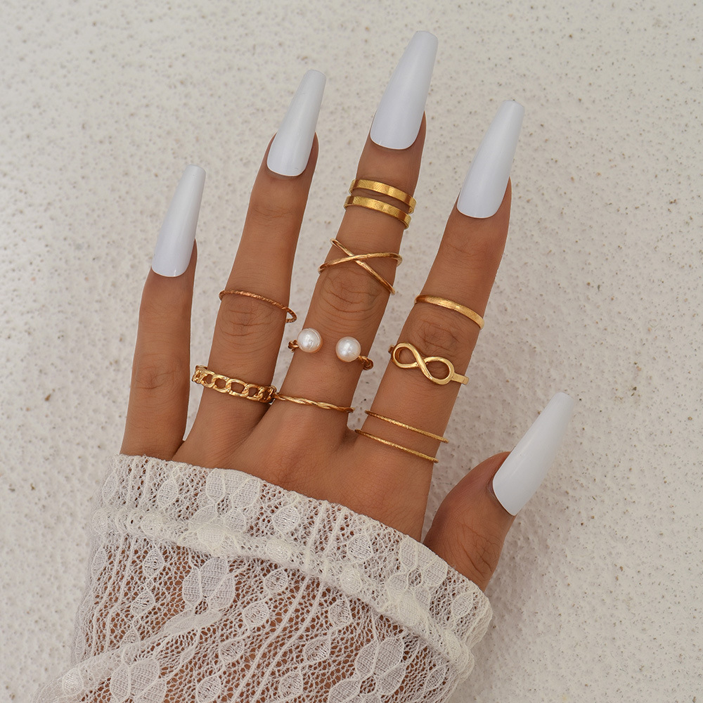 UPHUI 9-piece ring set Bohemian style inlaid pearl joint ring 8-character geometric hollow design combination ring set daily wear festival set