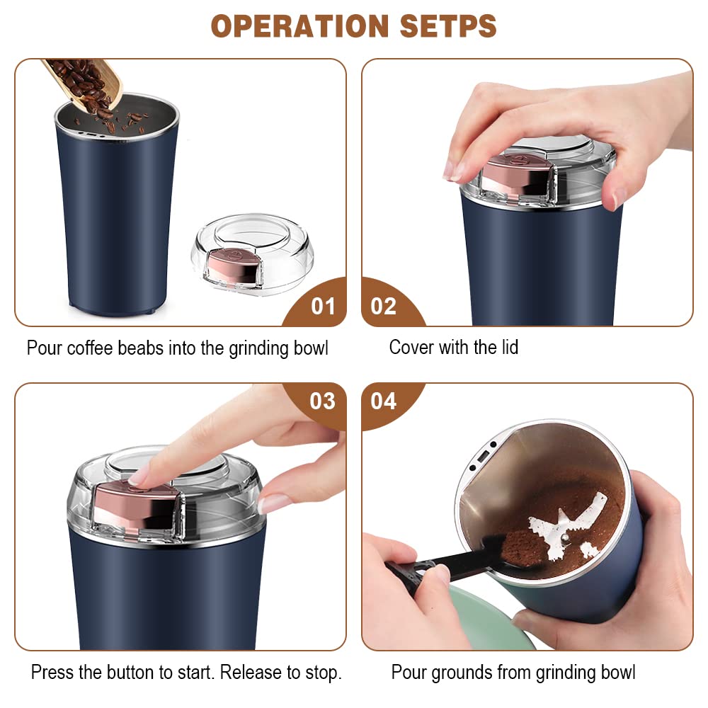 UPHUI Grinders Electric coffee grinder,  bean grinder, spice grinder, coffee bean vanilla grinder with integrated brush scoop, one touch button stainless steel grinding vanilla peanut cereal beans