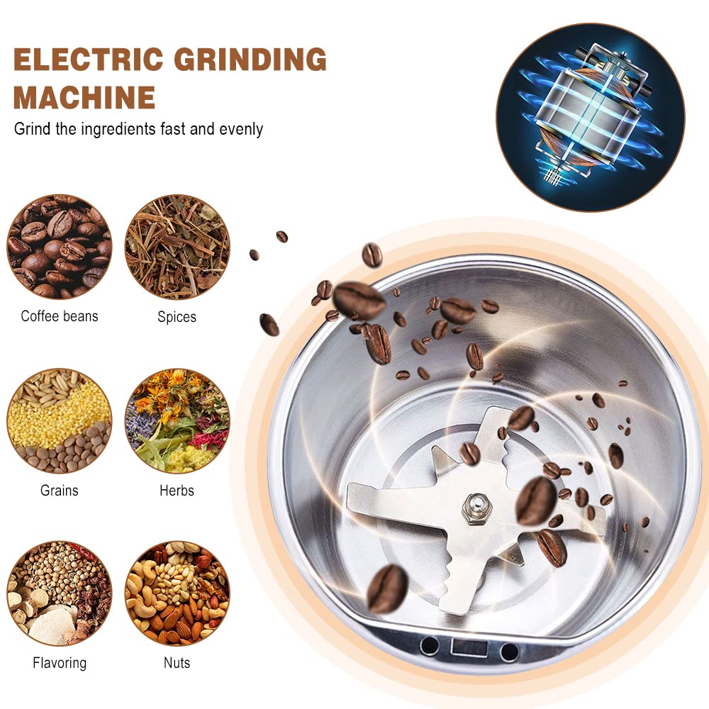 UPHUI Grinders Electric coffee grinder,  bean grinder, spice grinder, coffee bean vanilla grinder with integrated brush scoop, one touch button stainless steel grinding vanilla peanut cereal beans