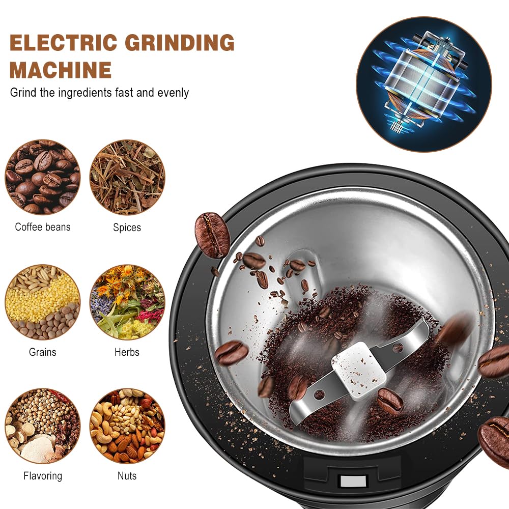 UPHUI Grinders Electric coffee grinder,  bean grinder, spice grinder, coffee bean vanilla grinder with integrated brush scoop, one touch button stainless steel grinding vanilla peanut cereal beans