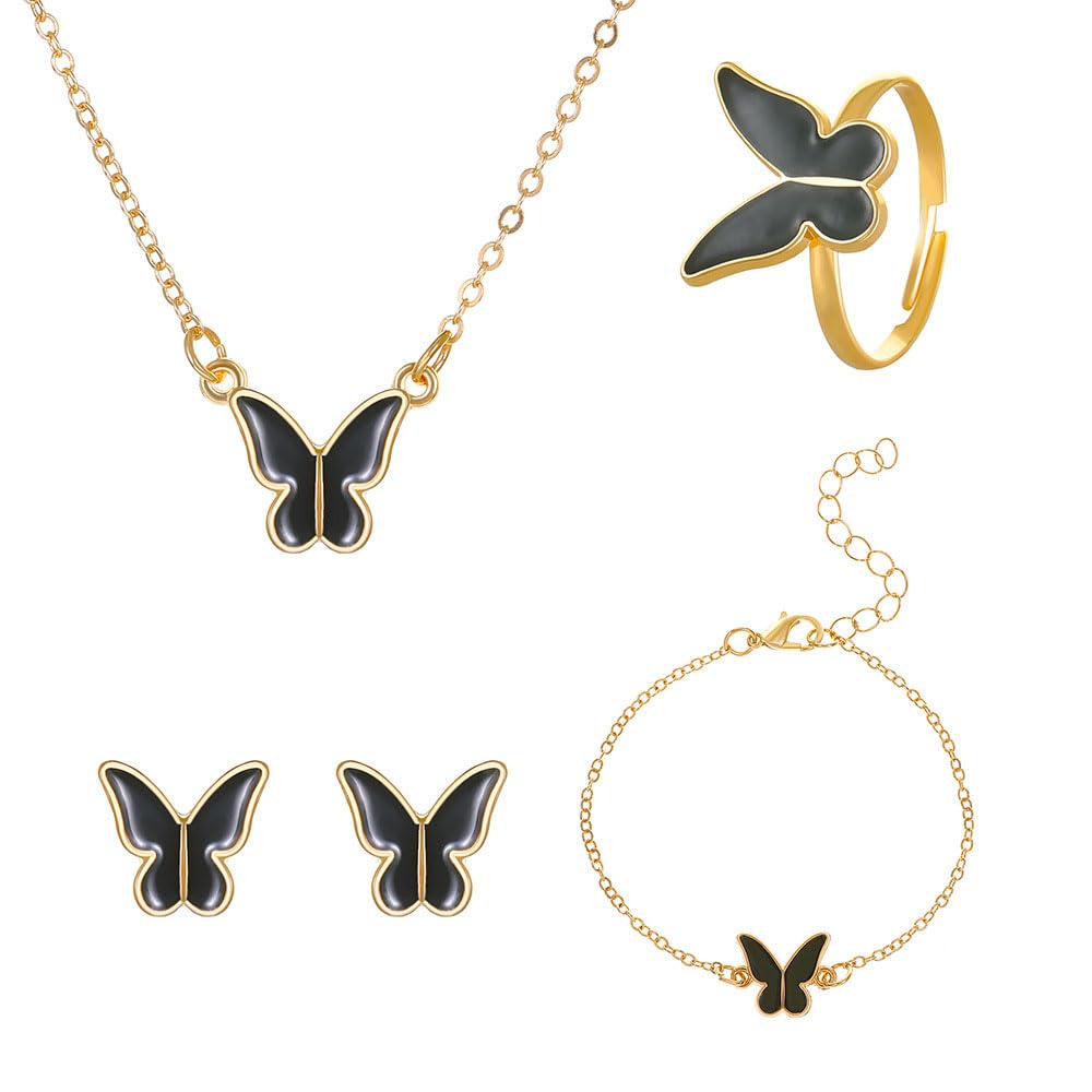 UPHUI Jewelry set butterfly 4-piece necklace ring earrings bracelet gold fashion suit matching clothes party temperament personalized gift or daily matching