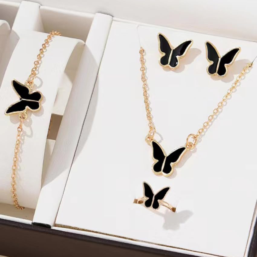 UPHUI Jewelry set butterfly 5pcs necklace ring earrings bracelet gold fashion suit matching clothes party temperament personalized gift or daily matching Gold