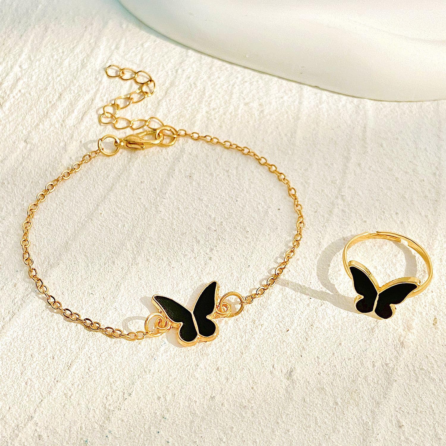 UPHUI Jewelry set butterfly 4-piece necklace ring earrings bracelet gold fashion suit matching clothes party temperament personalized gift or daily matching