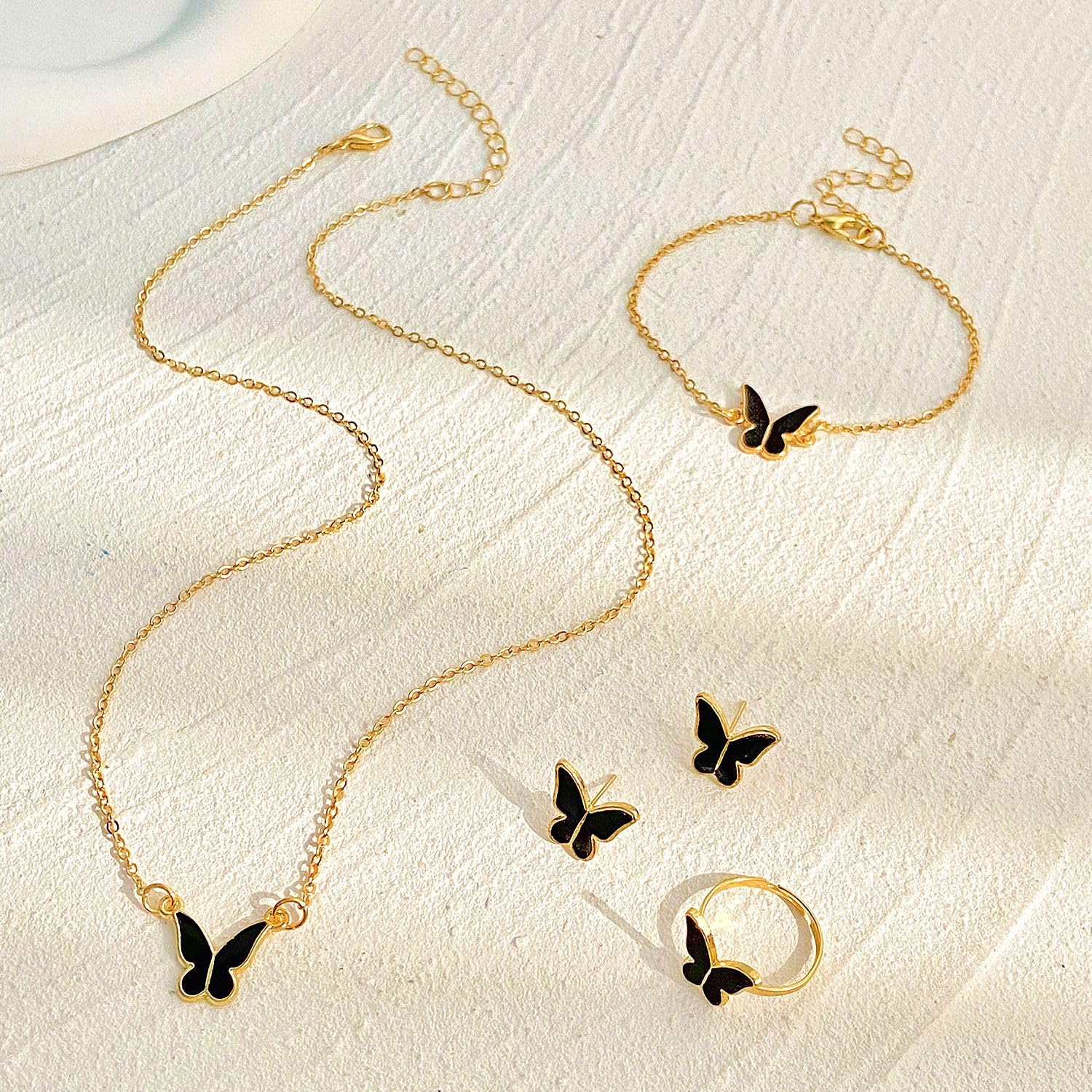 UPHUI Jewelry set butterfly 4-piece necklace ring earrings bracelet gold fashion suit matching clothes party temperament personalized gift or daily matching