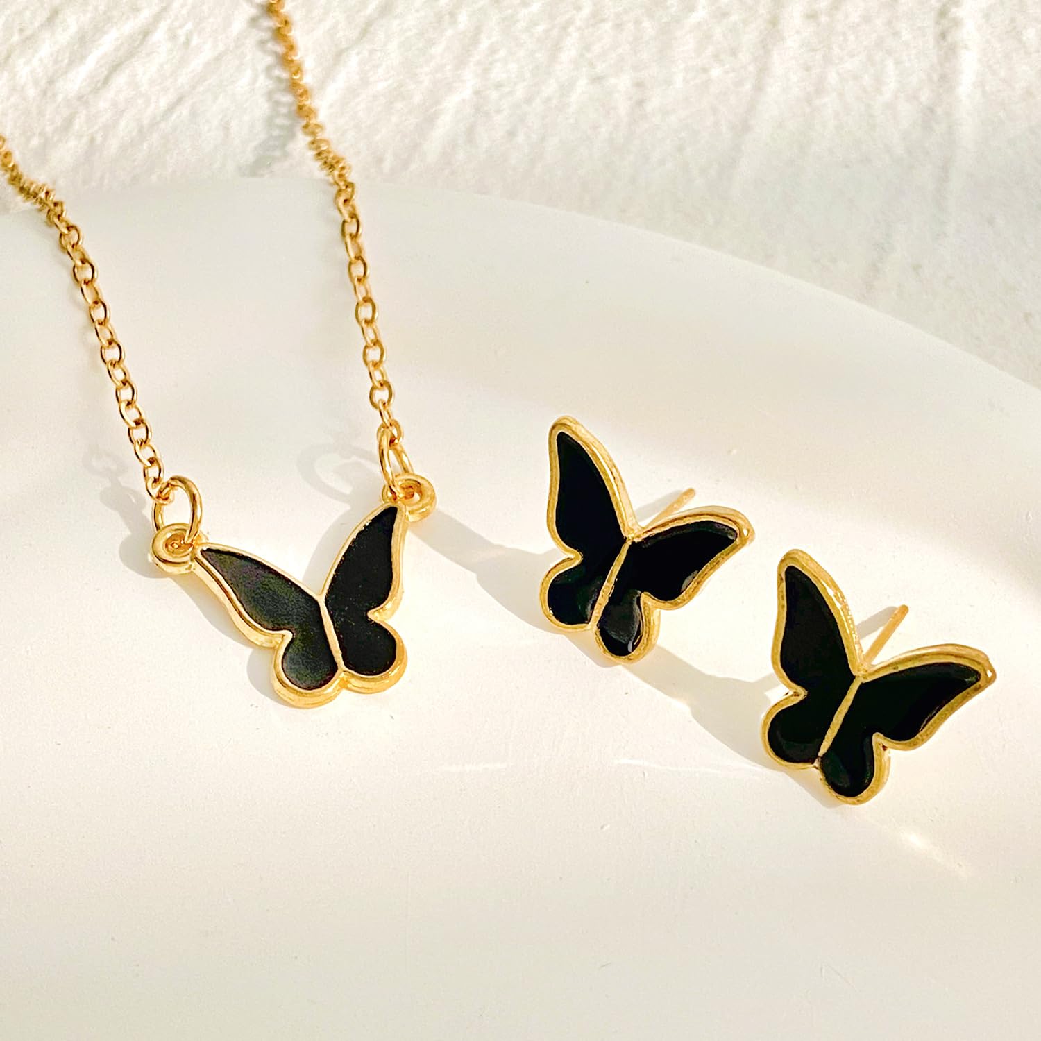 UPHUI Jewelry set butterfly 4-piece necklace ring earrings bracelet gold fashion suit matching clothes party temperament personalized gift or daily matching