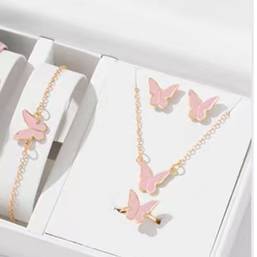 UPHUI Jewelry set butterfly 4-piece necklace ring earrings bracelet gold fashion suit matching clothes party temperament personalized gift or daily matching