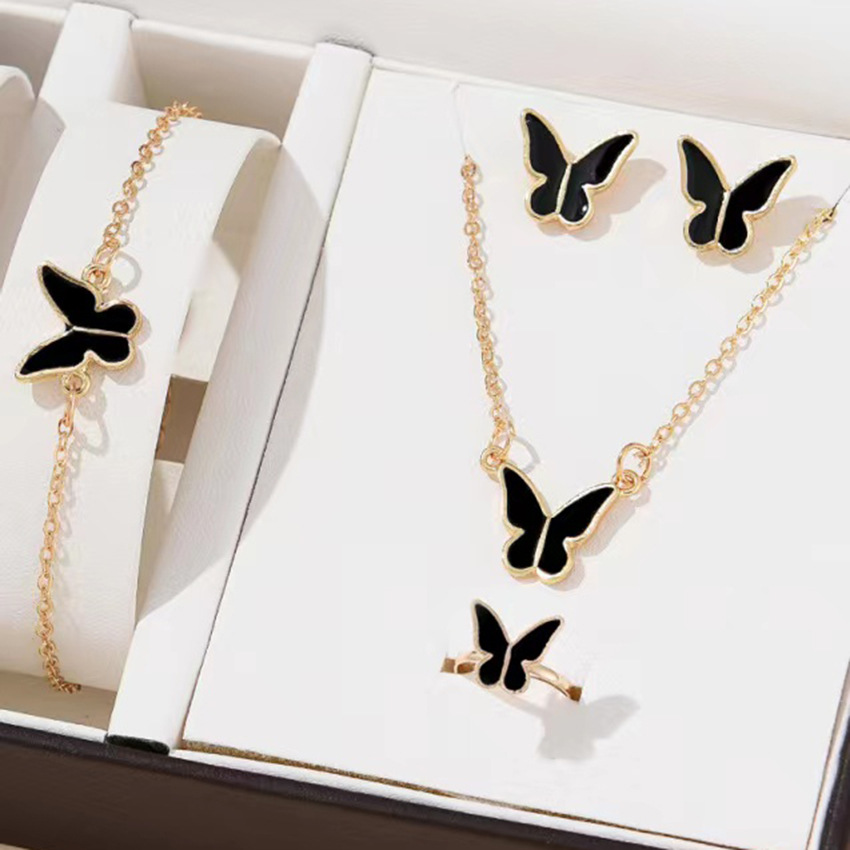 UPHUI Jewelry set butterfly 4-piece necklace ring earrings bracelet gold fashion suit matching clothes party temperament personalized gift or daily matching