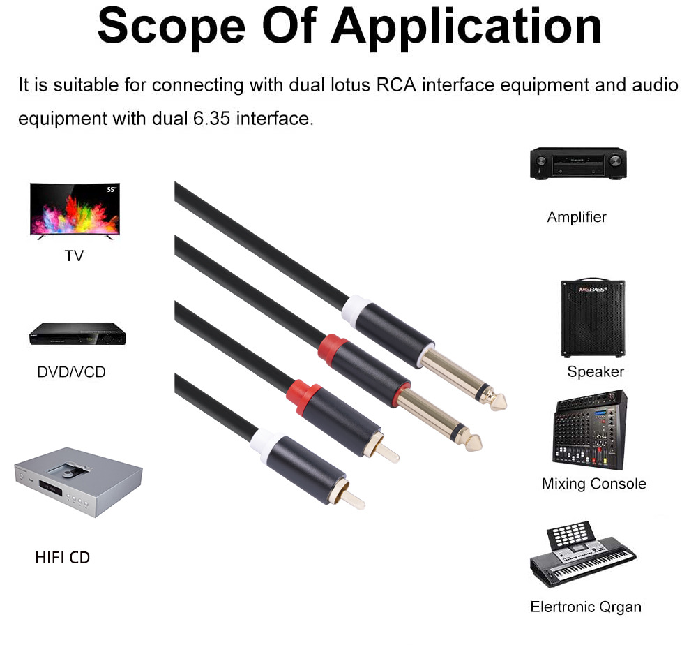 Pure Copper Dual Lotus RCA Male to Dual 6.35mm Male Audio Connection Cable for Mixing Console - 1.5m Length