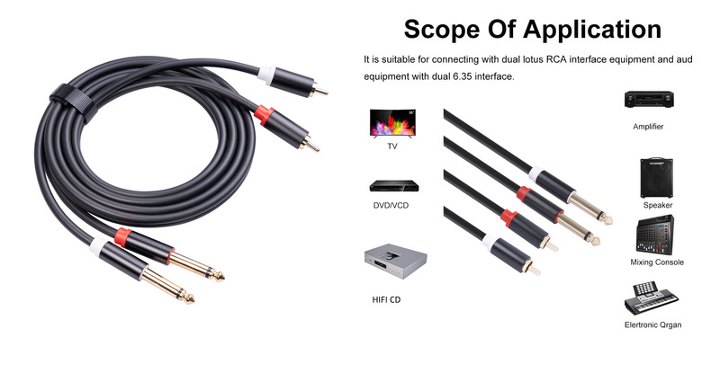 Pure Copper Dual Lotus RCA Male to Dual 6.35mm Male Audio Connection Cable for Mixing Console - 1.5m Length