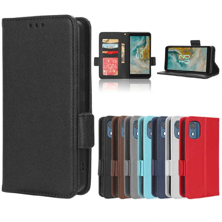 Wallet Flip Cover for Nokia C02 Case Lychee Pattern Leather Magnetic Flip Folio Stand Phone Cover with Card Holder