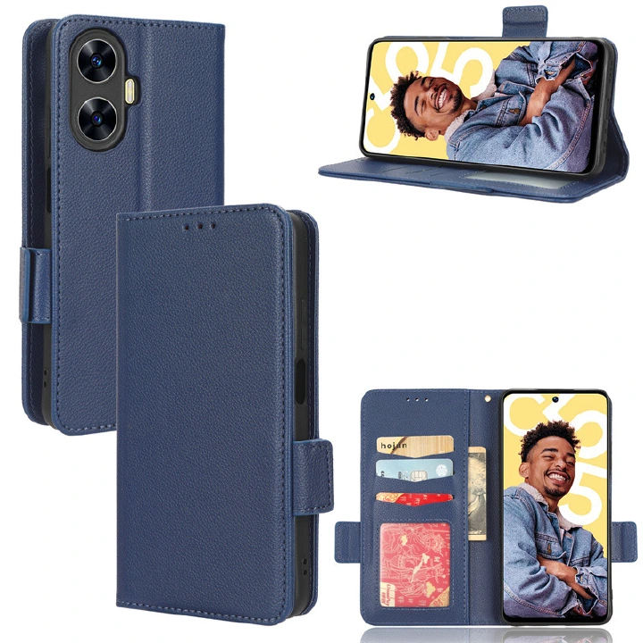 Wallet Flip Cover for OPPO Realme Narzo N55 Case Lychee Pattern Leather Magnetic Flip Folio Stand Phone Cover with Card Holder