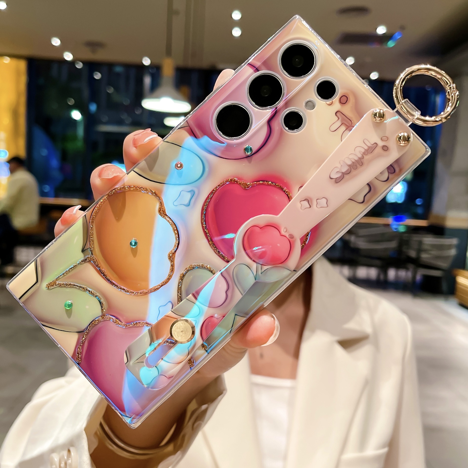 Phone Case for Samsung Galaxy S23 Ultra OPPO A17K Reno8 T 4G 5G Realme C55 iPhone 14 Plus 13 12 11 Pro Max Dot Drill Flower Soft Silicone with Wrist Strap Cover