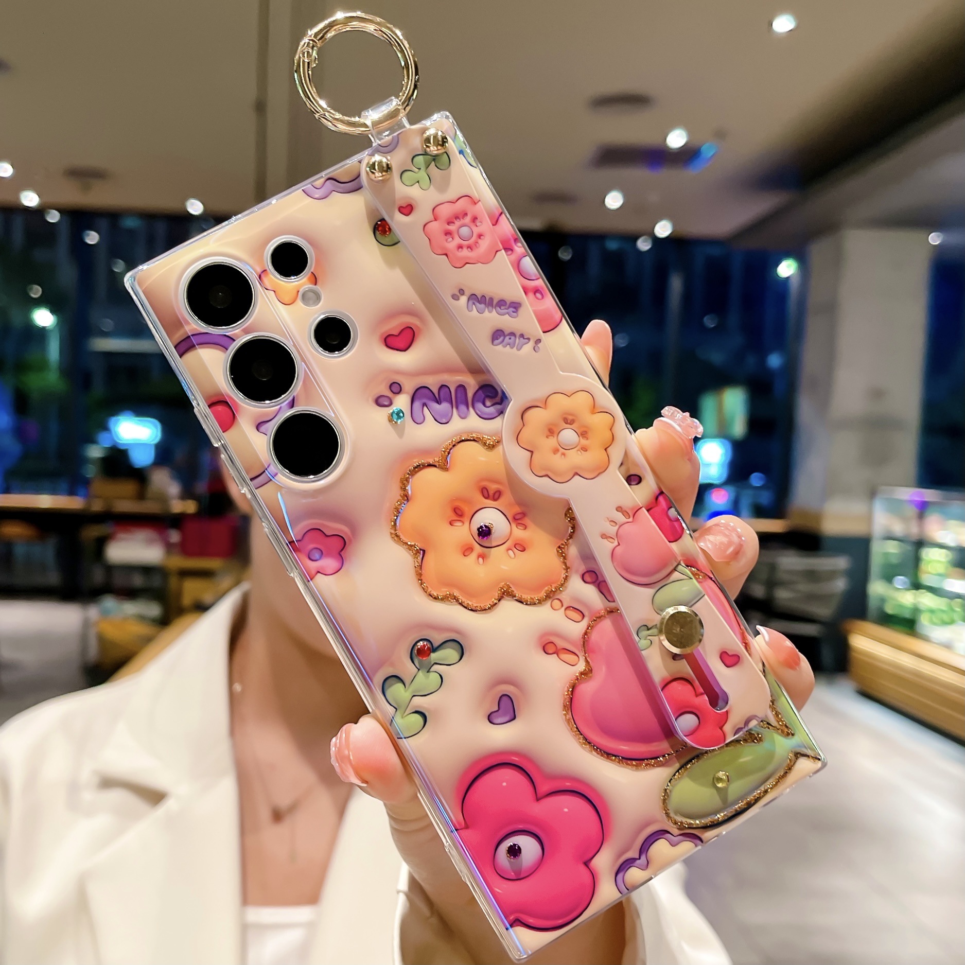 Phone Case for Samsung Galaxy S23 Ultra OPPO A17K Reno8 T 4G 5G Realme C55 iPhone 14 Plus 13 12 11 Pro Max Dot Drill Flower Soft Silicone with Wrist Strap Cover