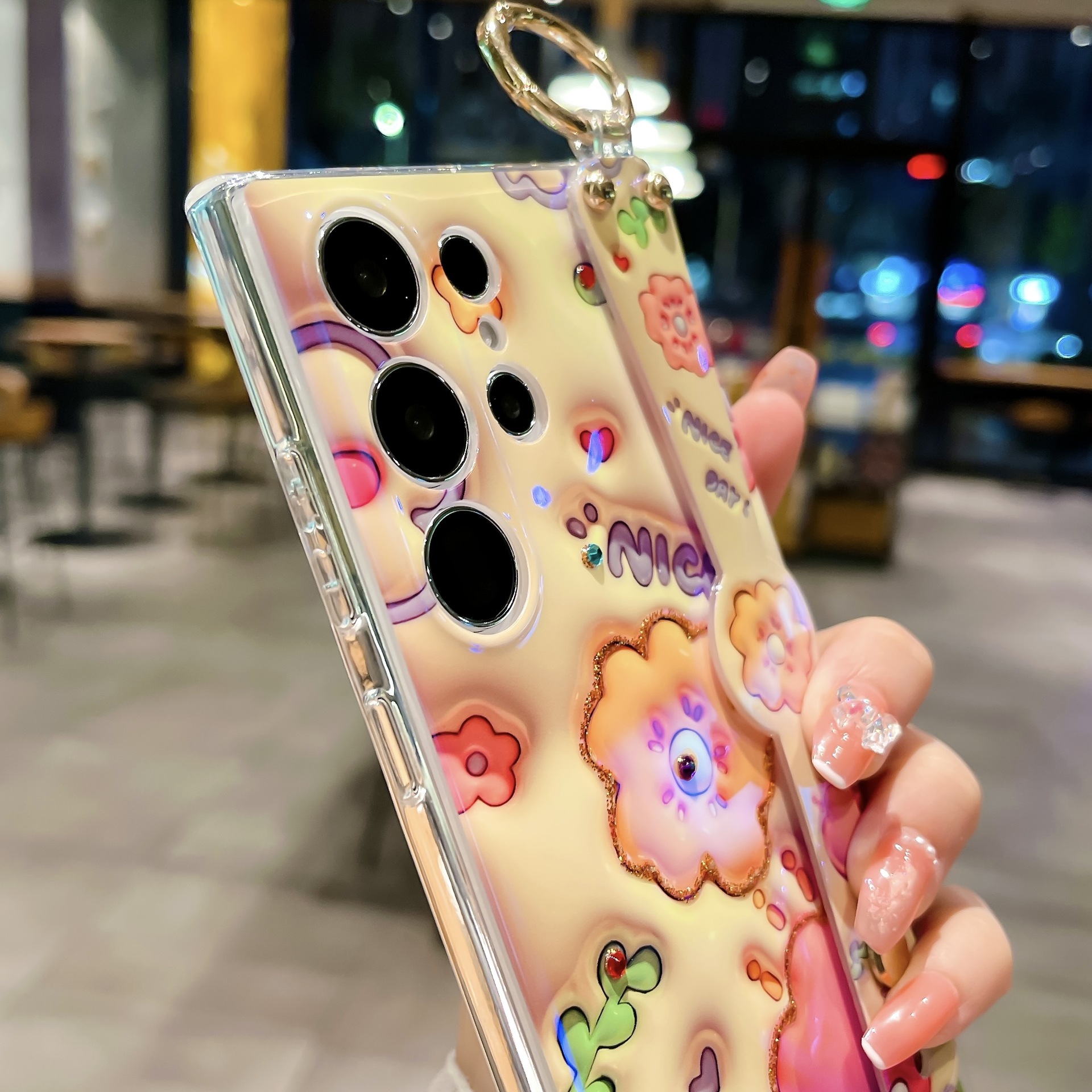 Phone Case for Samsung Galaxy S23 Ultra OPPO A17K Reno8 T 4G 5G Realme C55 iPhone 14 Plus 13 12 11 Pro Max Dot Drill Flower Soft Silicone with Wrist Strap Cover
