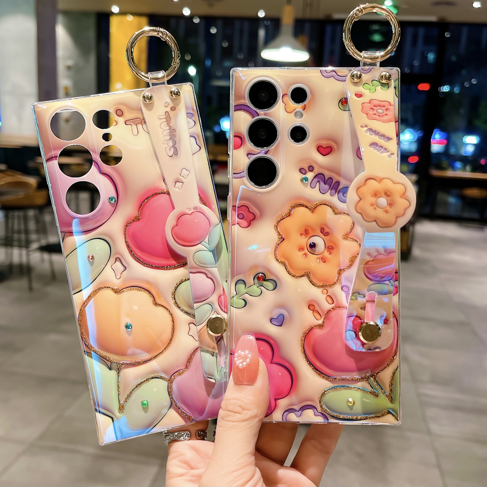 Phone Case for Samsung Galaxy S23 Ultra OPPO A17K Reno8 T 4G 5G Realme C55 iPhone 14 Plus 13 12 11 Pro Max Dot Drill Flower Soft Silicone with Wrist Strap Cover