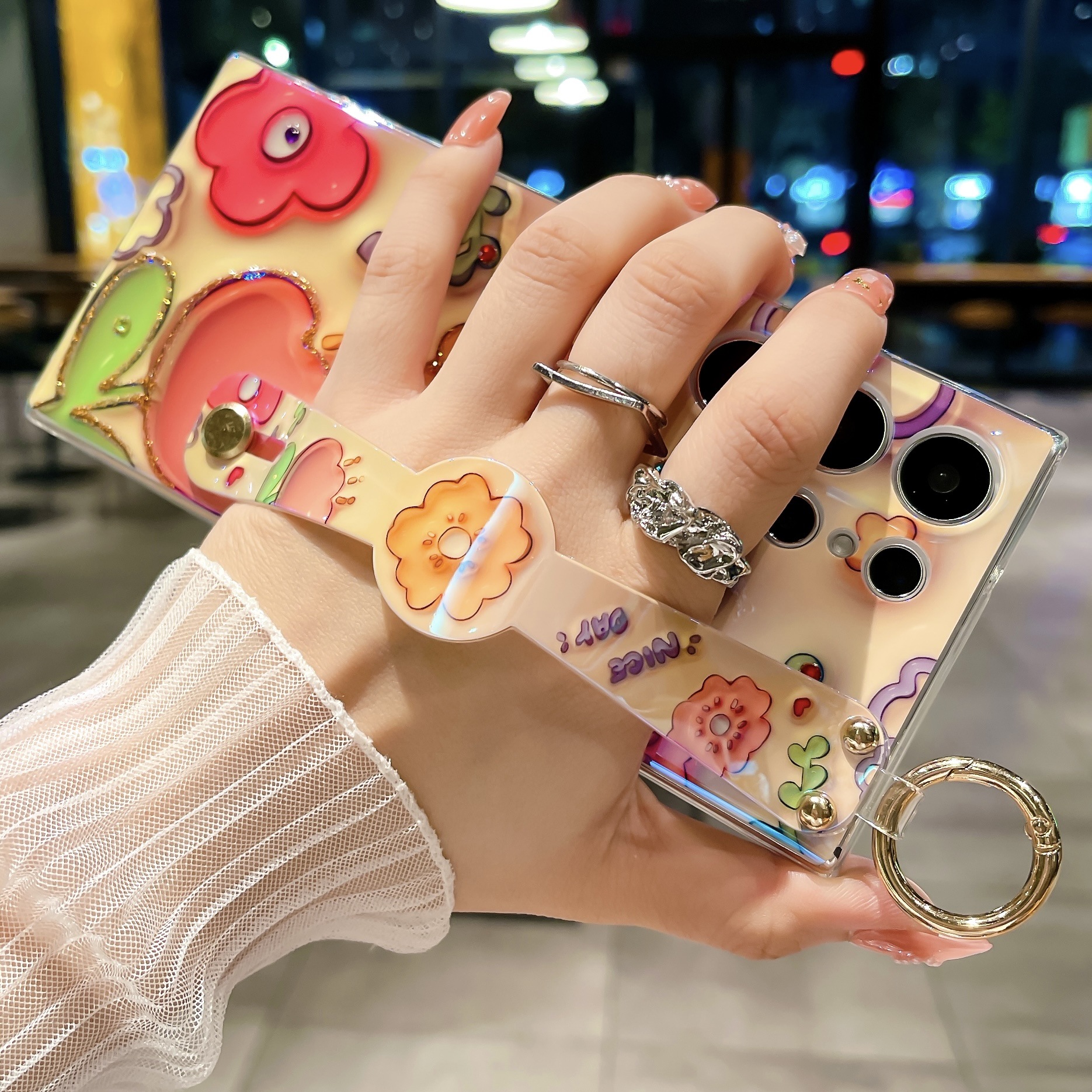 Phone Case for Samsung Galaxy S23 Ultra OPPO A17K Reno8 T 4G 5G Realme C55 iPhone 14 Plus 13 12 11 Pro Max Dot Drill Flower Soft Silicone with Wrist Strap Cover