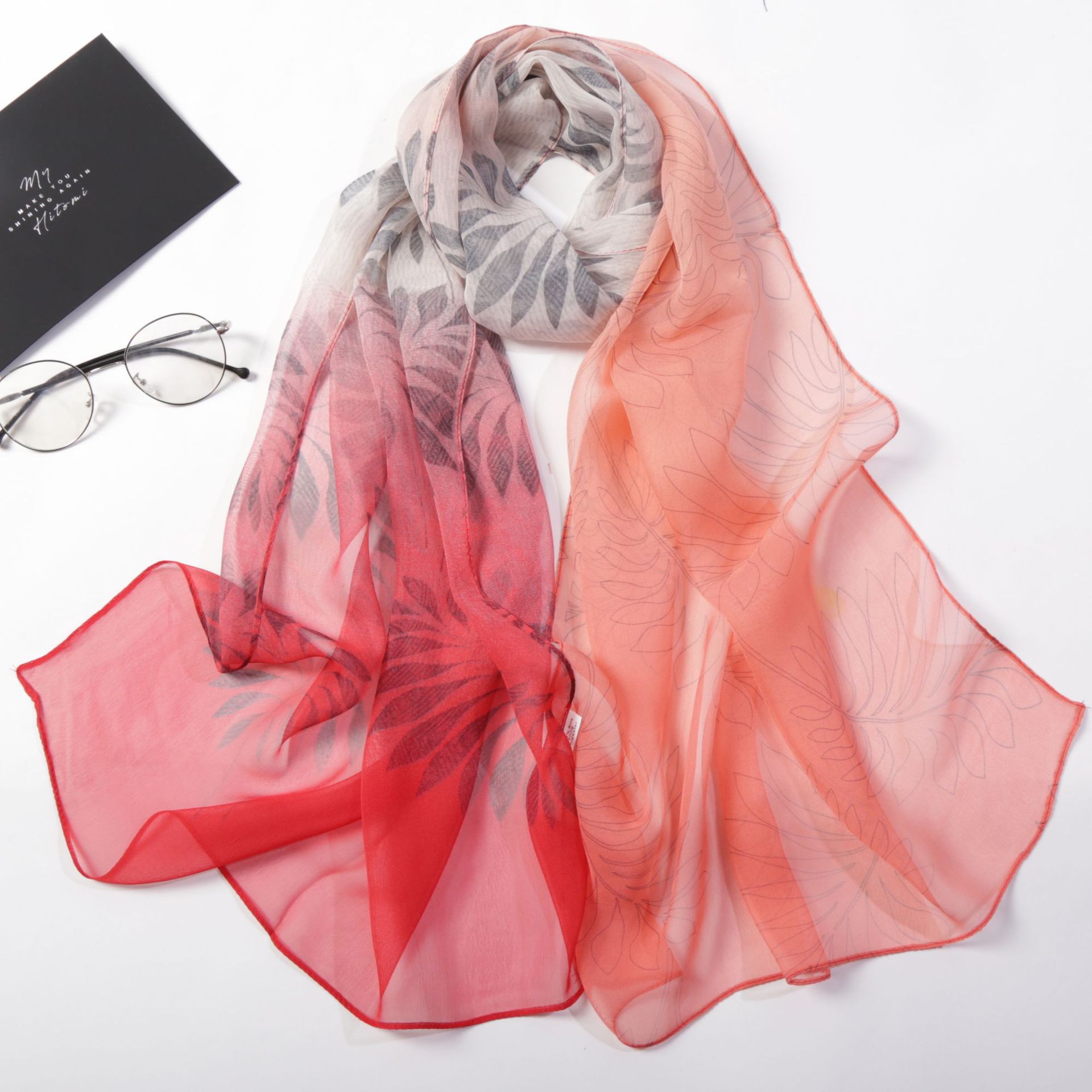New Summer Women Gradient Colour Leaves Silk Scarf Feel Soft Korean Version Of The Thin Long Female Korean Version Of The Silk Smooth Flowing Beauty
