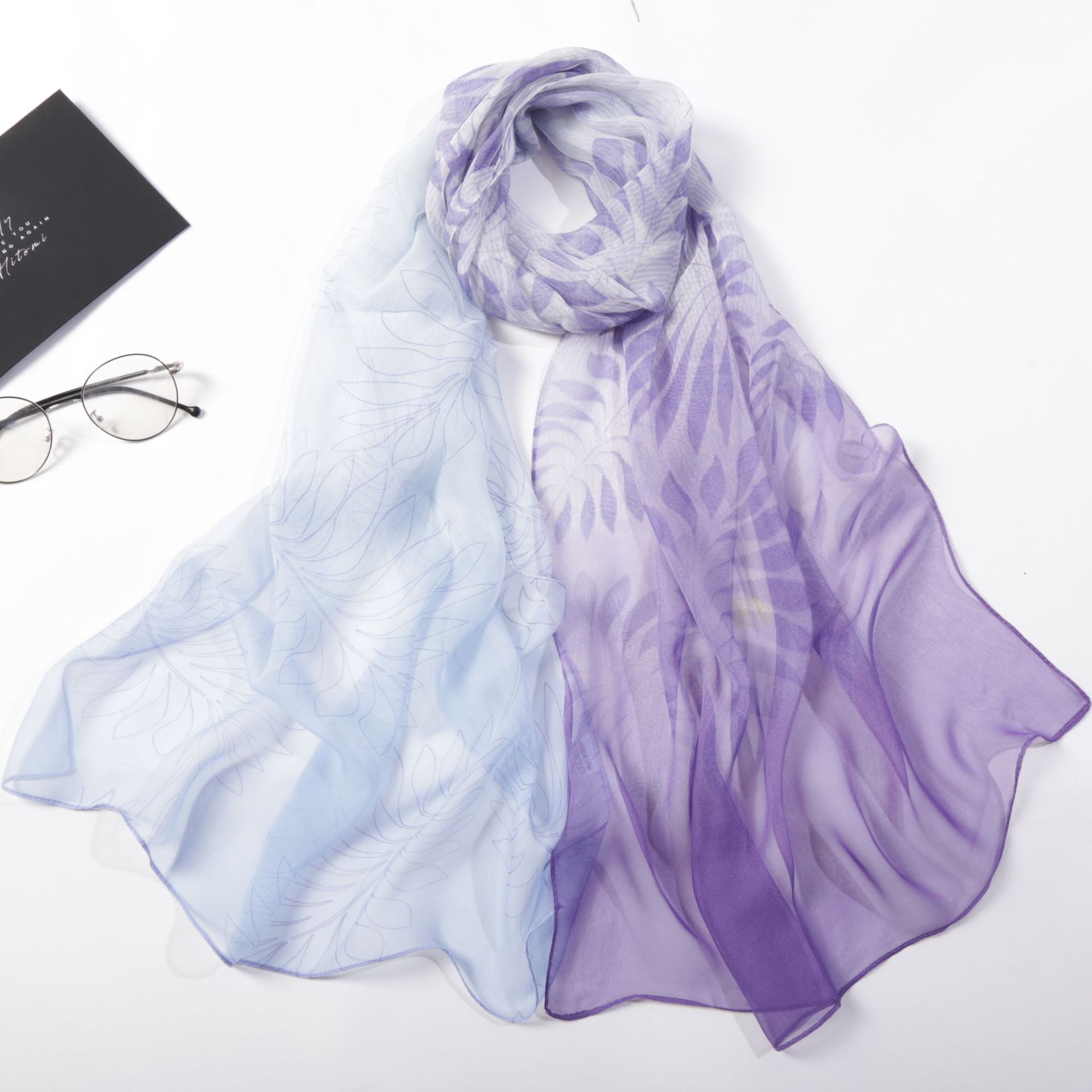 New Summer Women Gradient Colour Leaves Silk Scarf Feel Soft Korean Version Of The Thin Long Female Korean Version Of The Silk Smooth Flowing Beauty