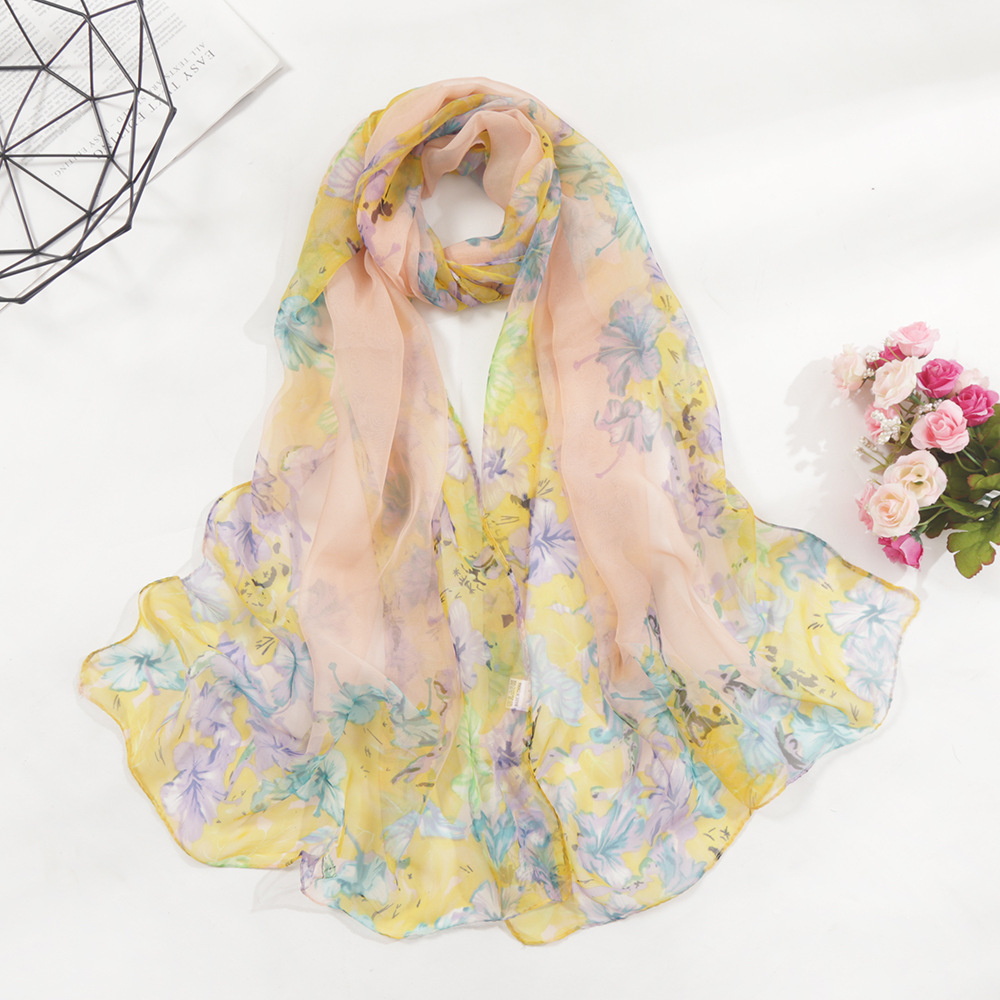 New Summer Women Gradient Colour Leaves Silk Scarf Feel Soft Korean Version Of The Thin Long Female Korean Version Of The Silk Smooth Flowing Beauty