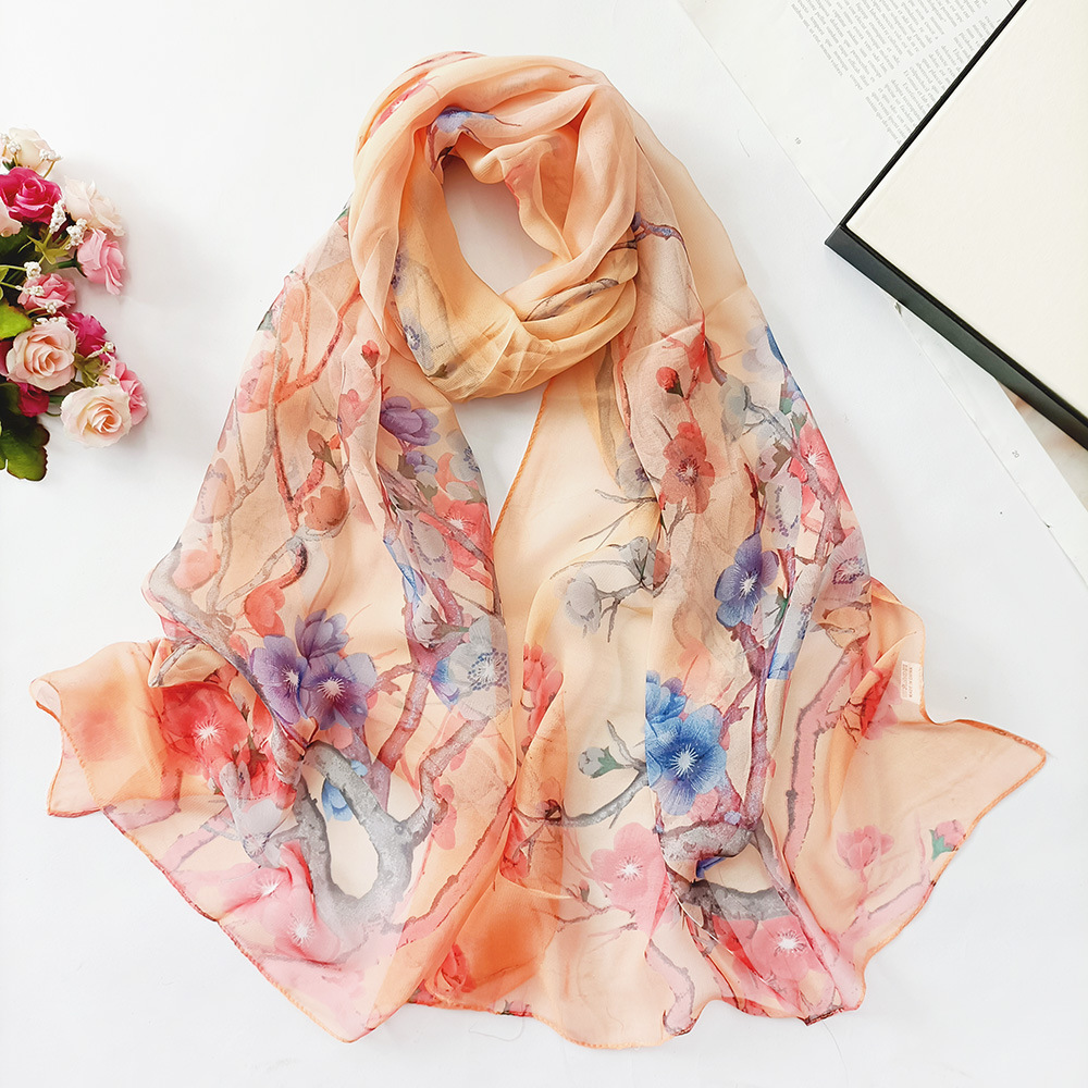 Summer Ladies Field Silk Scarf Thin Section Qiaoqi Silk Scarf Korean Version Of The Lady Ink Lotus Silk Scarf