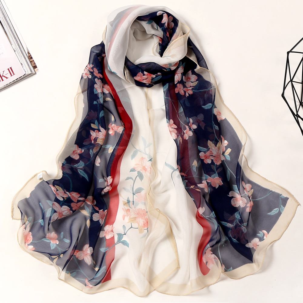 Summer Ladies Field Silk Scarf Thin Section Qiaoqi Silk Scarf Hundred Match Lady Water Two-color Flower Silk Scarf