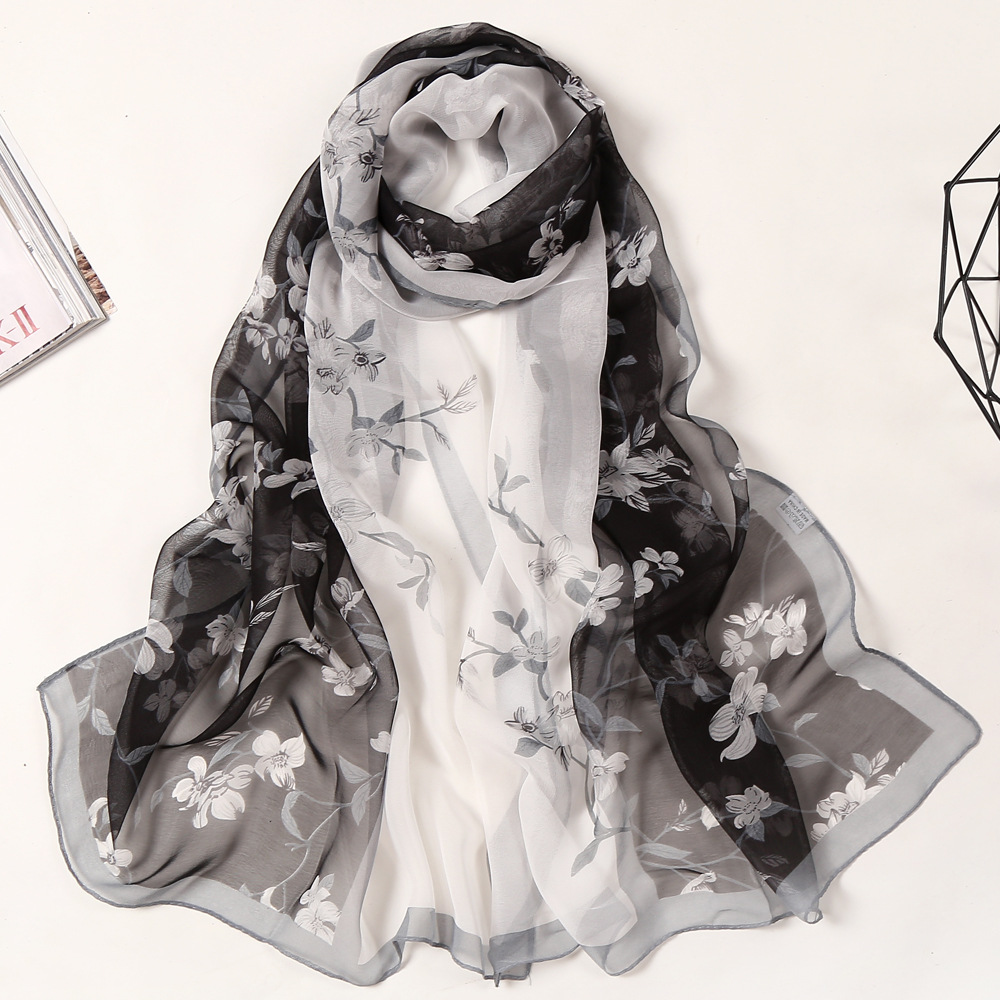 Summer Ladies Field Silk Scarf Thin Section Qiaoqi Silk Scarf Hundred Match Lady Water Two-color Flower Silk Scarf