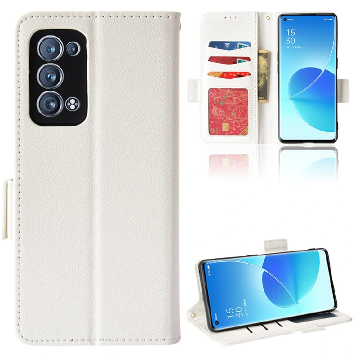 Wallet Flip Cover for OPPO Reno6 5G Case Lychee Pattern Leather Magnetic Flip Folio Stand Phone Cover with Card Holder
