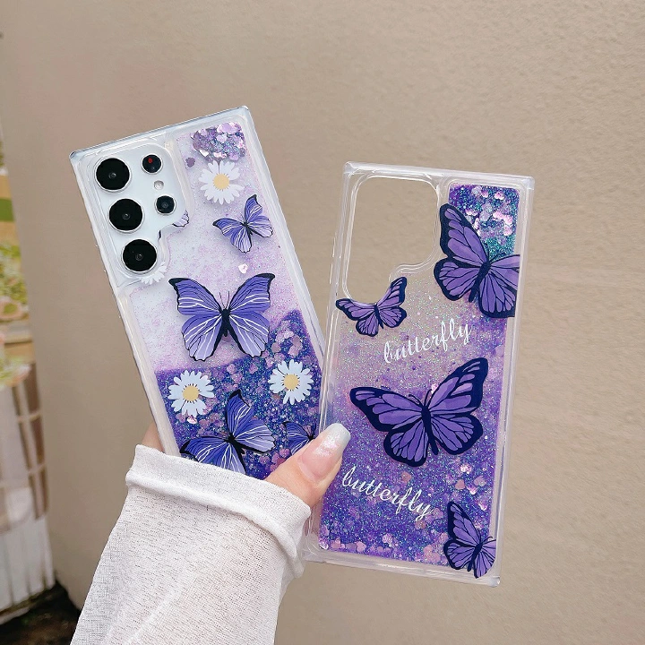 Phone Case for Samsung Galaxy S23 S22 S21 S20 Ultra Plus S21 S20 FE Note 20 Ultra 10 9 8 A54 A34 A24 A14 A53 A33 A52 A32 Butterfly Liquid Quicksand Anti Fall Protective Cover