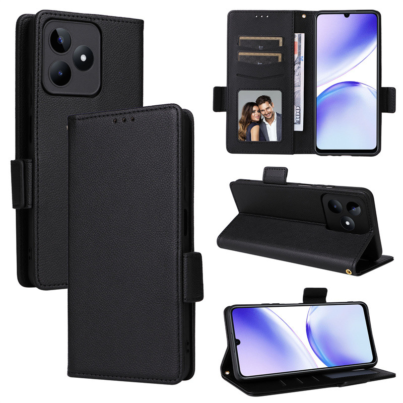 Wallet Flip Cover for Realme C53  / Realme C51 Case Lychee Pattern Leather Magnetic Flip Folio Stand Phone Cover with Card Holder