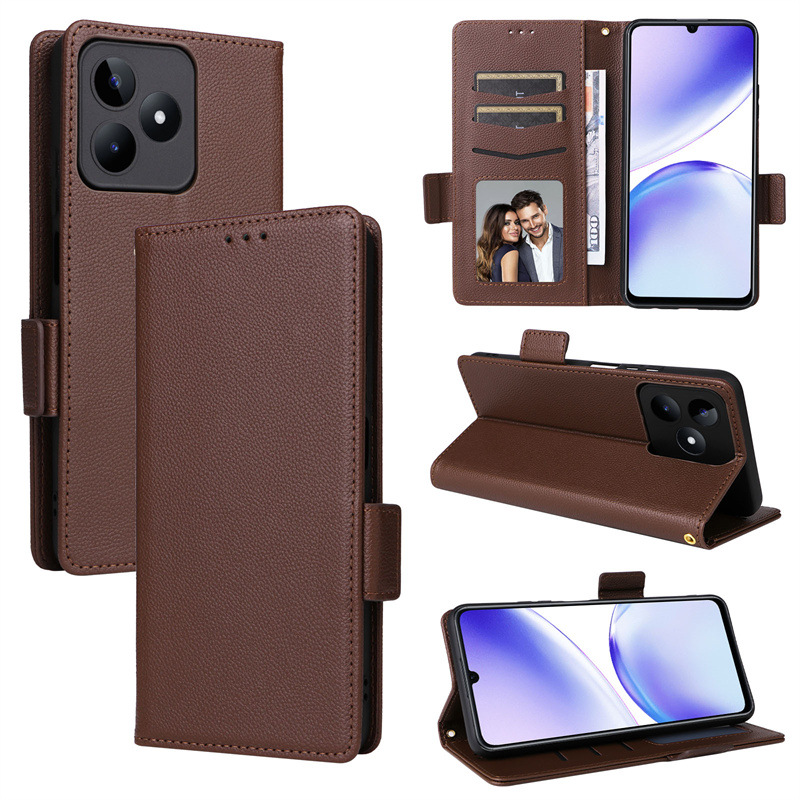 Wallet Flip Cover for Realme C53  / Realme C51 Case Lychee Pattern Leather Magnetic Flip Folio Stand Phone Cover with Card Holder