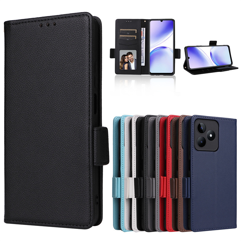 Wallet Flip Cover for Realme C53  / Realme C51 Case Lychee Pattern Leather Magnetic Flip Folio Stand Phone Cover with Card Holder