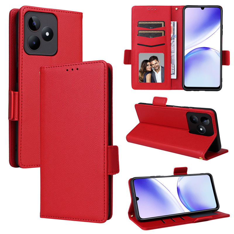 Wallet Flip Cover for Realme C53  / Realme C51 Case Lychee Pattern Leather Magnetic Flip Folio Stand Phone Cover with Card Holder
