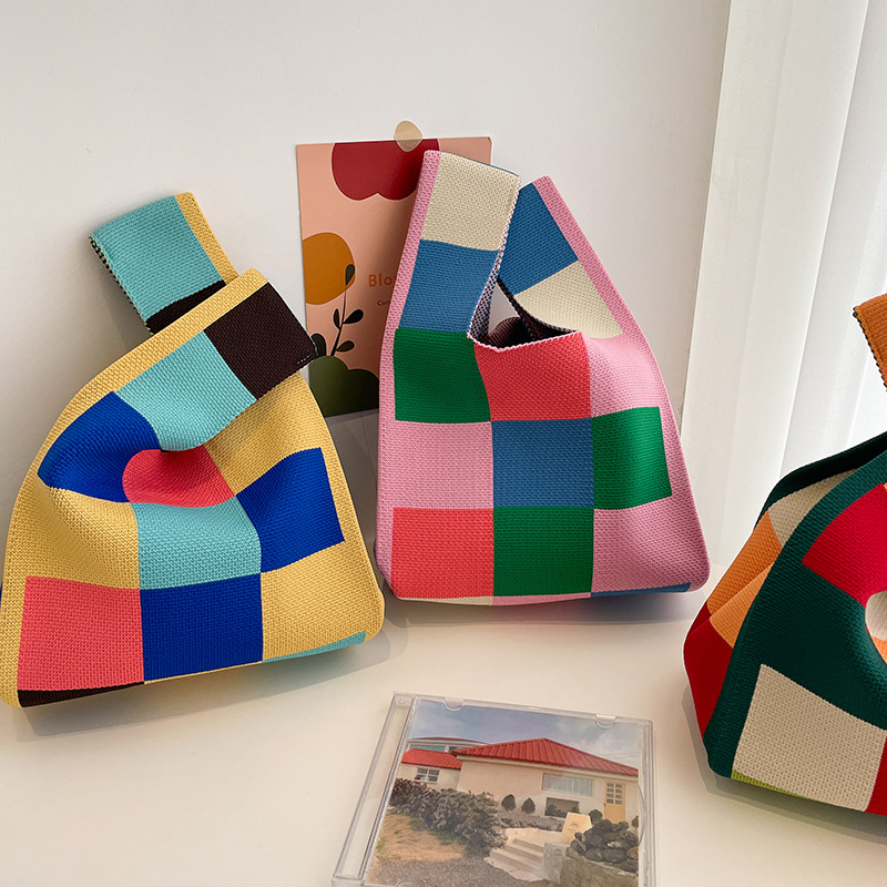 New Fashion Pink Green Checkerboard Lattice Woven Tote Knitted Tote Bag Bucket Armpit Bag Female