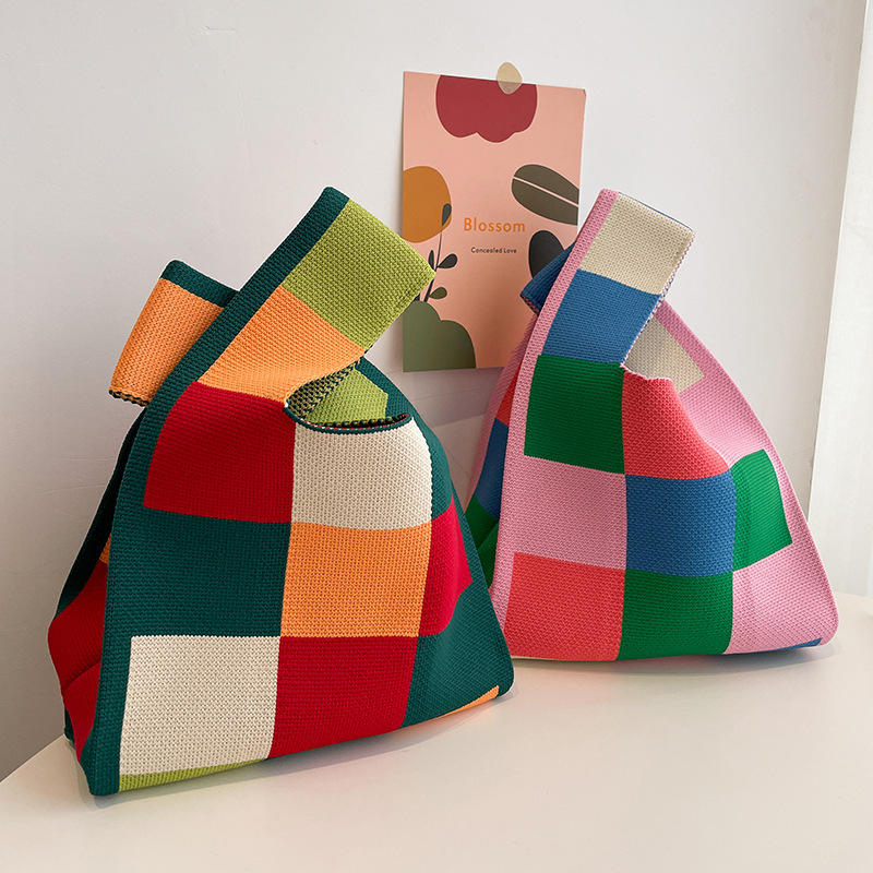 New Fashion Pink Green Checkerboard Lattice Woven Tote Knitted Tote Bag Bucket Armpit Bag Female