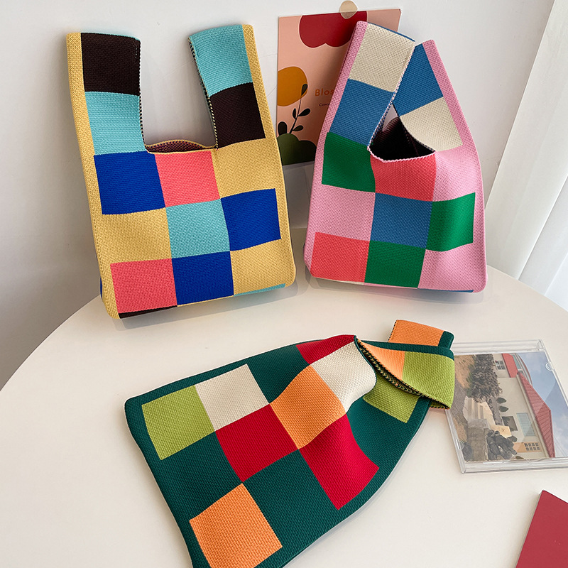 New Fashion Pink Green Checkerboard Lattice Woven Tote Knitted Tote Bag Bucket Armpit Bag Female