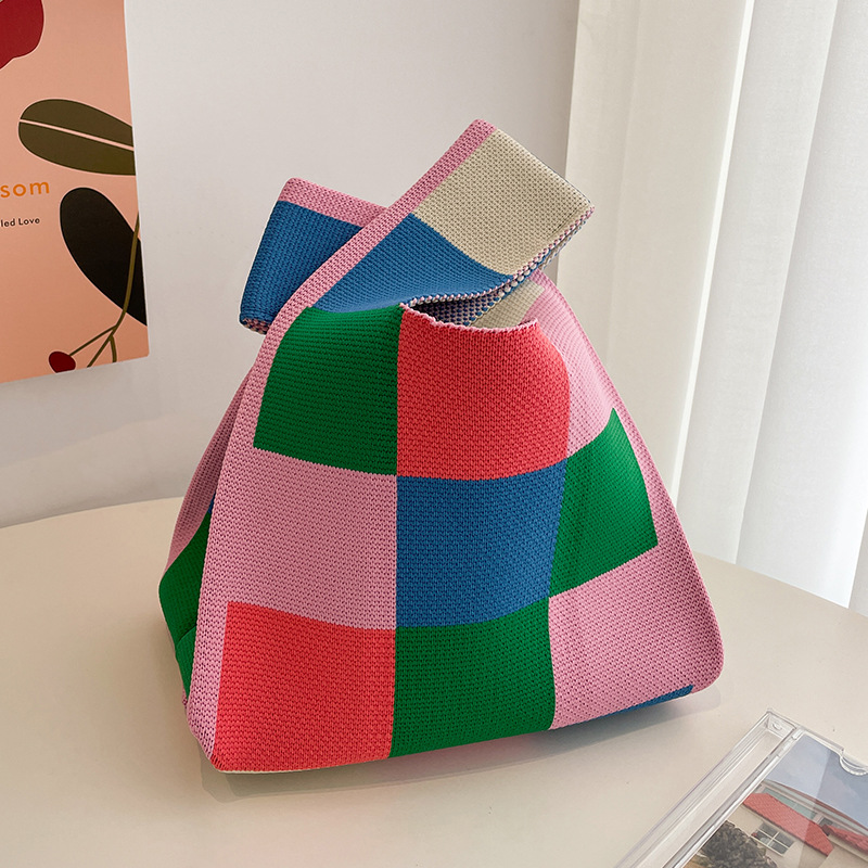 New Fashion Pink Green Checkerboard Lattice Woven Tote Knitted Tote Bag Bucket Armpit Bag Female