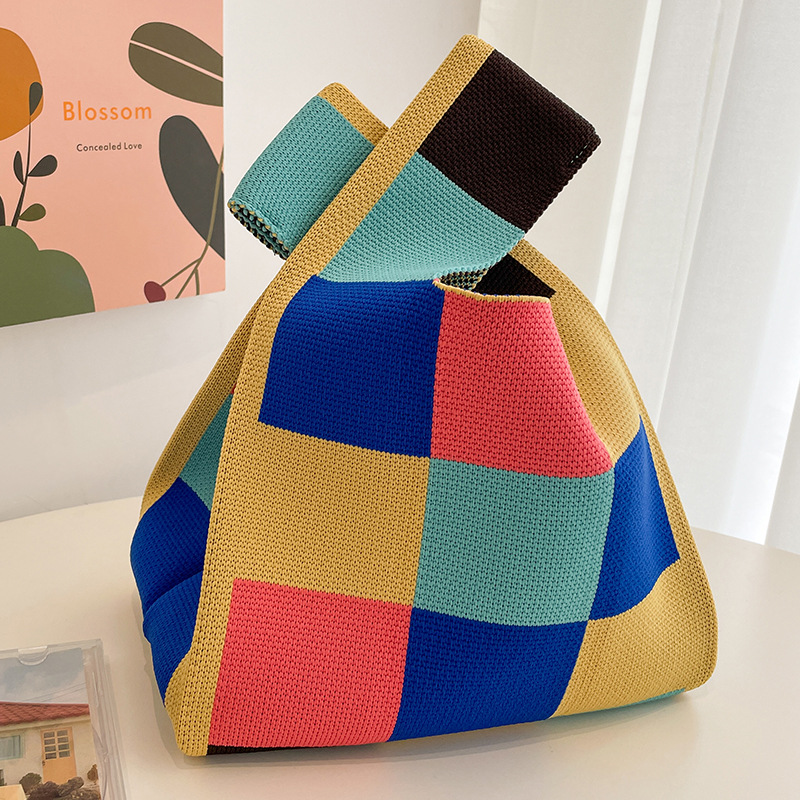 New Fashion Pink Green Checkerboard Lattice Woven Tote Knitted Tote Bag Bucket Armpit Bag Female