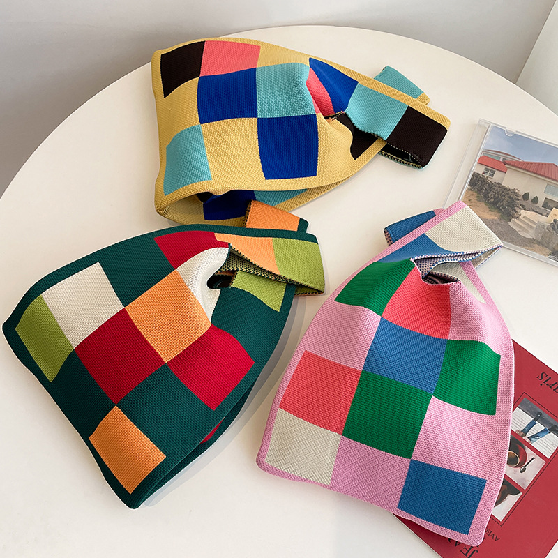 New Fashion Pink Green Checkerboard Lattice Woven Tote Knitted Tote Bag Bucket Armpit Bag Female