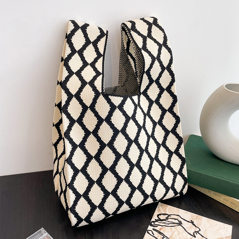 Fashion Plaid Knitted Bag Handbag Tote Handbag Wristlet Bag Walking Shopping Lazy Vest Bag