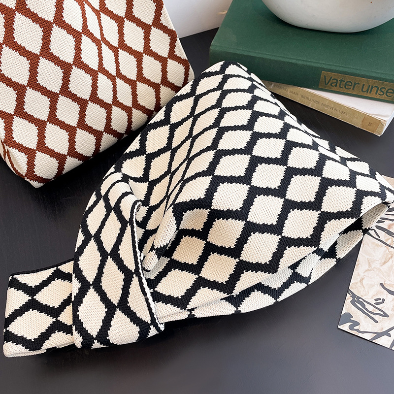 Fashion Plaid Knitted Bag Handbag Tote Handbag Wristlet Bag Walking Shopping Lazy Vest Bag