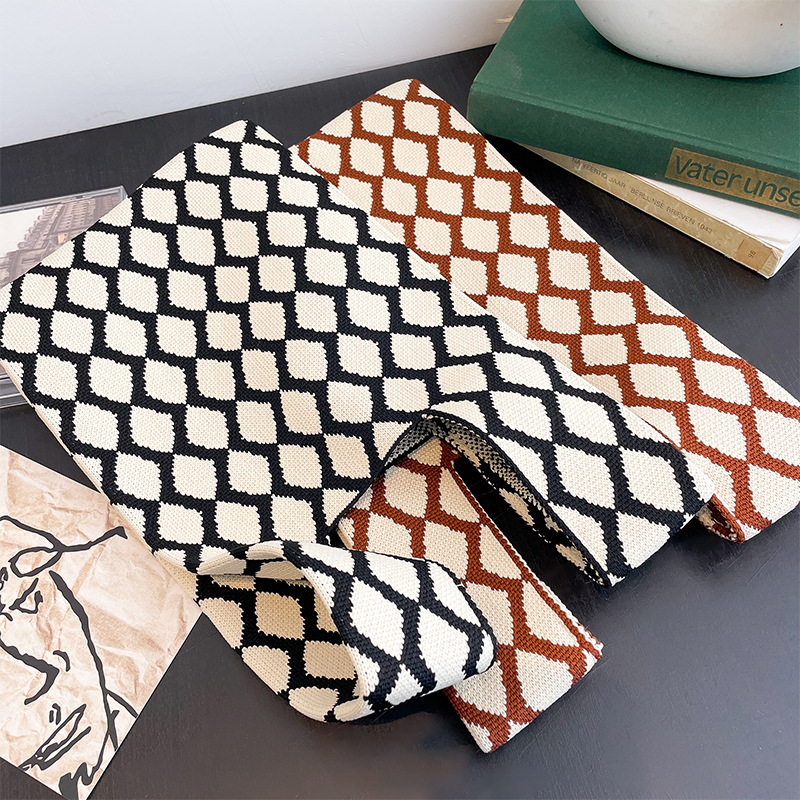 Fashion Plaid Knitted Bag Handbag Tote Handbag Wristlet Bag Walking Shopping Lazy Vest Bag