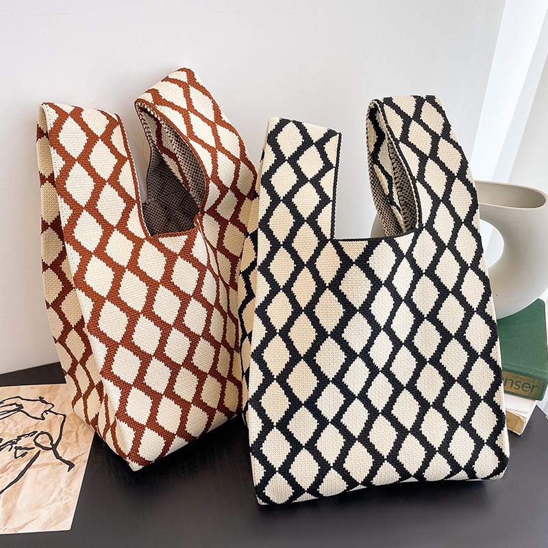 Fashion Plaid Knitted Bag Handbag Tote Handbag Wristlet Bag Walking Shopping Lazy Vest Bag