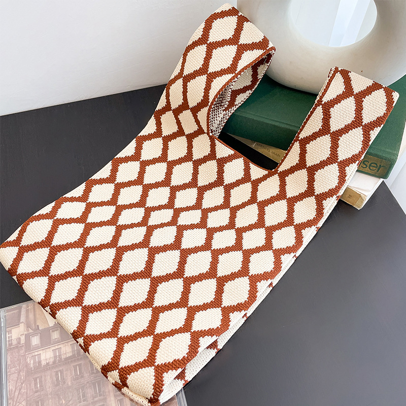 Fashion Plaid Knitted Bag Handbag Tote Handbag Wristlet Bag Walking Shopping Lazy Vest Bag