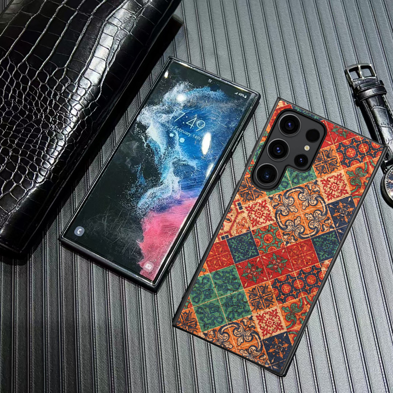 Phone Case for Samsung Galaxy S24 S23 S22 S21 FE Note 20 Ultra A34 A24 A14 A33 A23 A53 A05S Vintage Ethnic Style Black Edge Soft Gel Cover